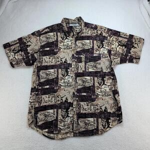 Columbia Button Shirt Men's Large Fish Print Beige Brown Tribal Outdoors
